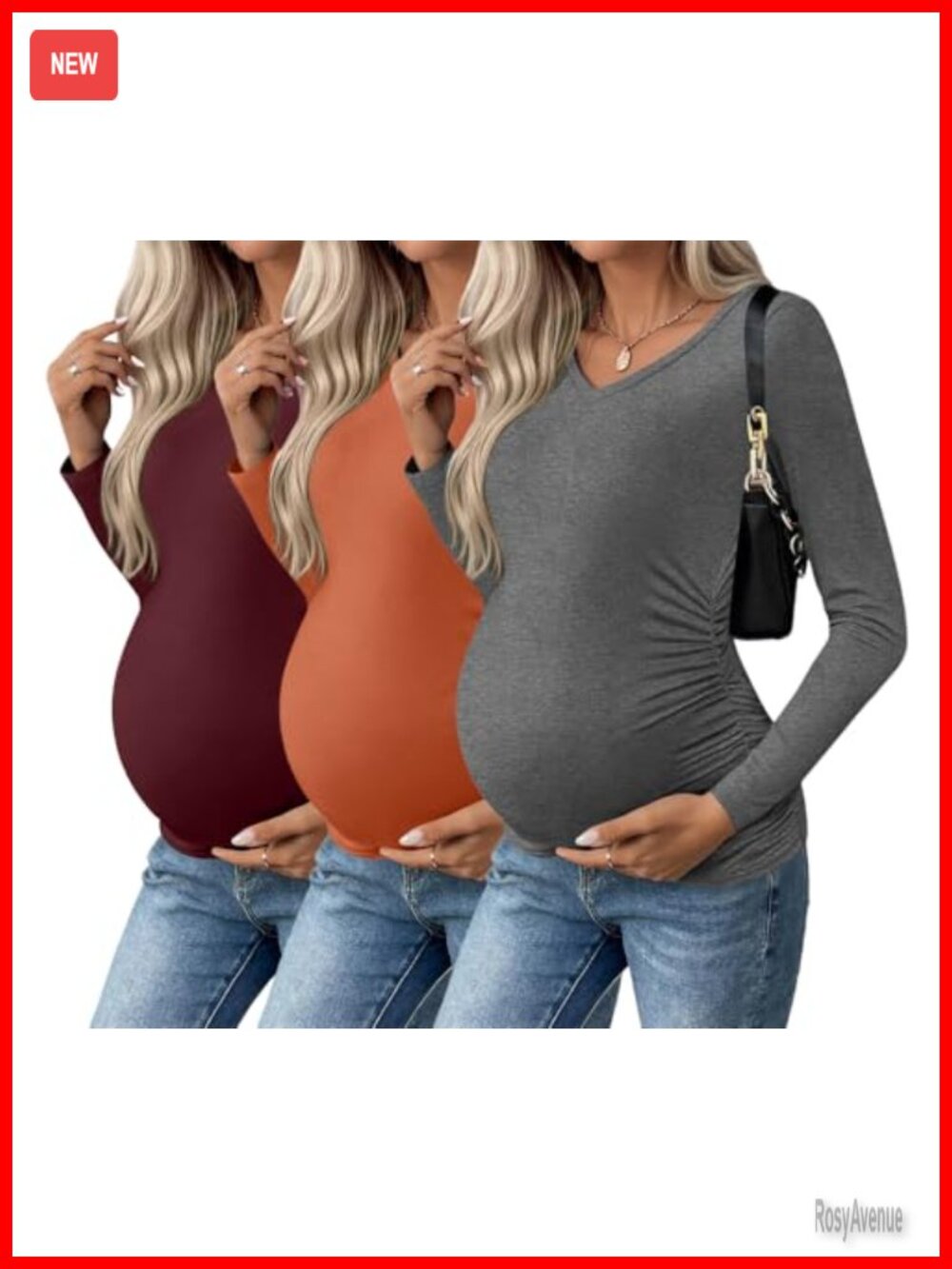 Maternity Long Sleeve V-Neck Tunic Tops 3 Pack Pregnancy Shirts